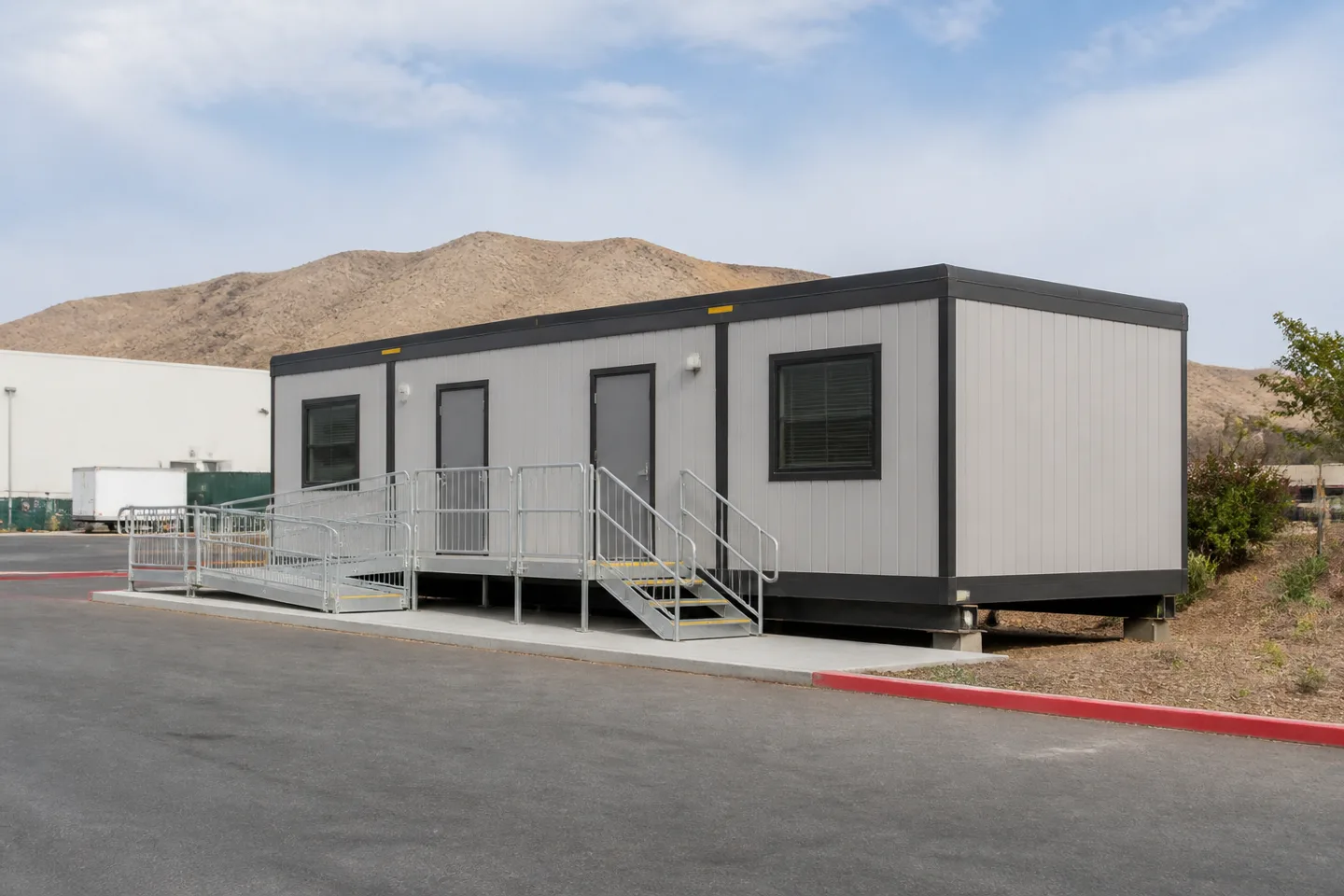Mobile office or classroom building in a California project setting
