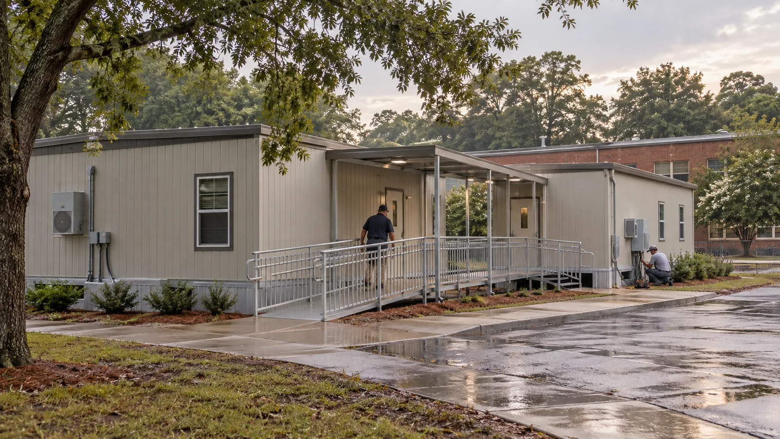 Portable classroom building and teaching-space layout