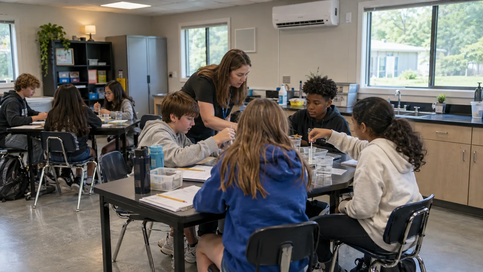 Portable classroom interior and learning-space layout