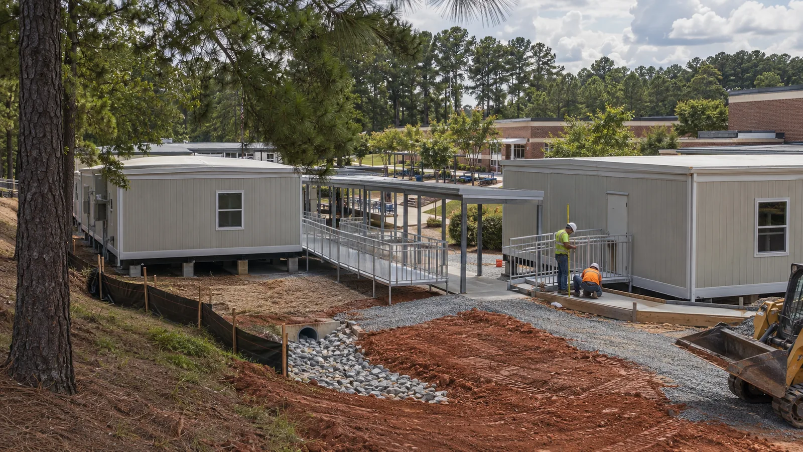 Portable classroom building on a campus