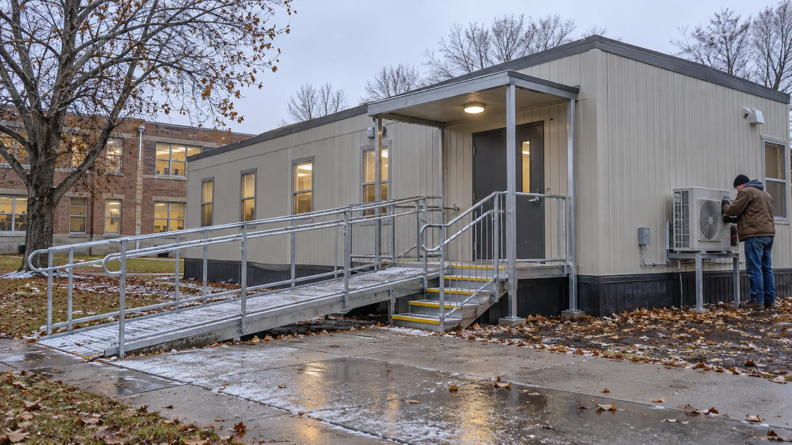 Portable classroom building on a campus
