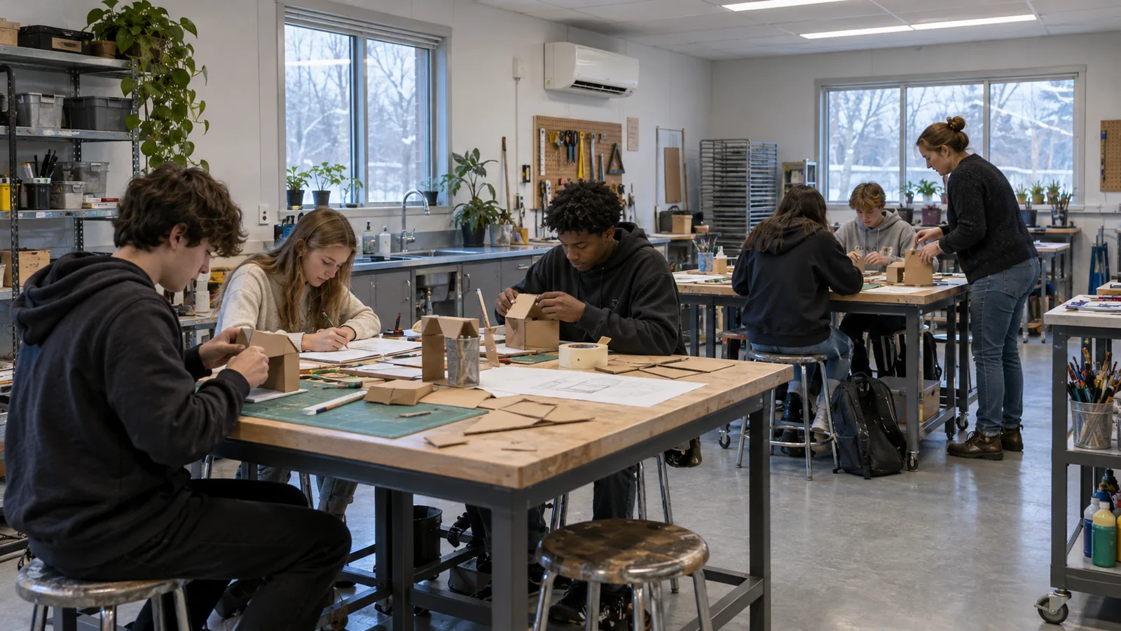 Flexible teaching room with practical work surfaces
