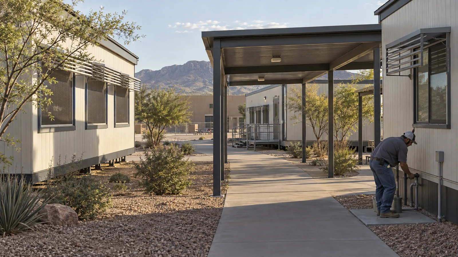 Portable classroom building on a campus