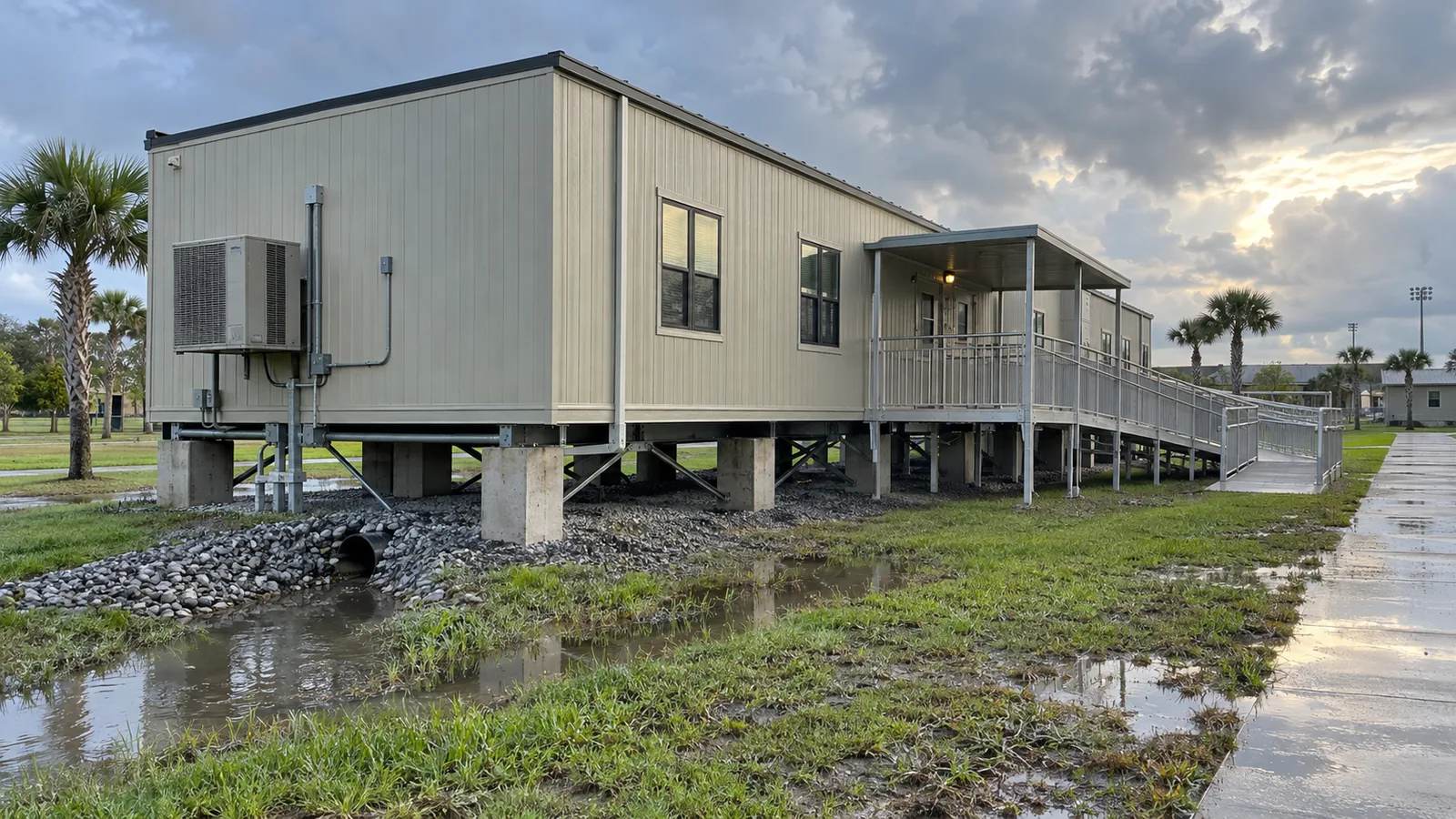 Portable classroom building on a campus