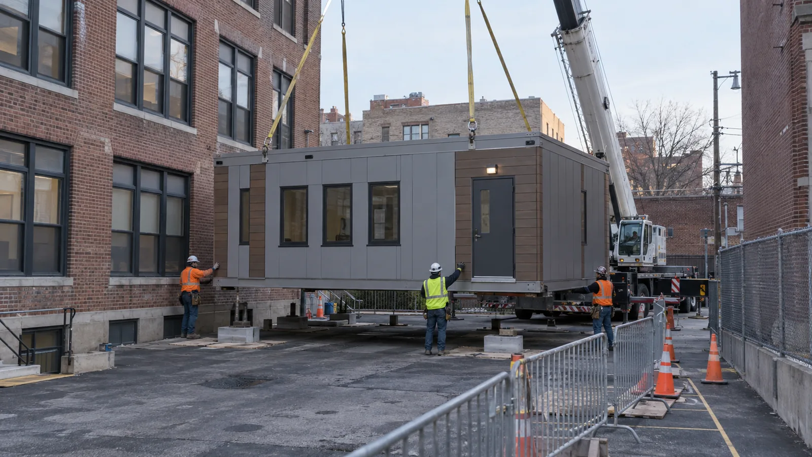 Portable classroom building on a campus