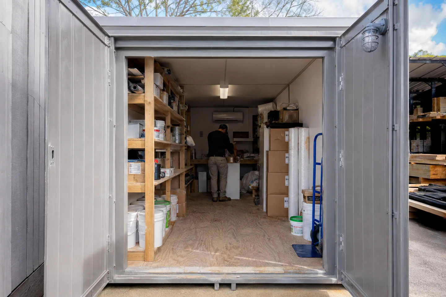 Storage container interior with shelving