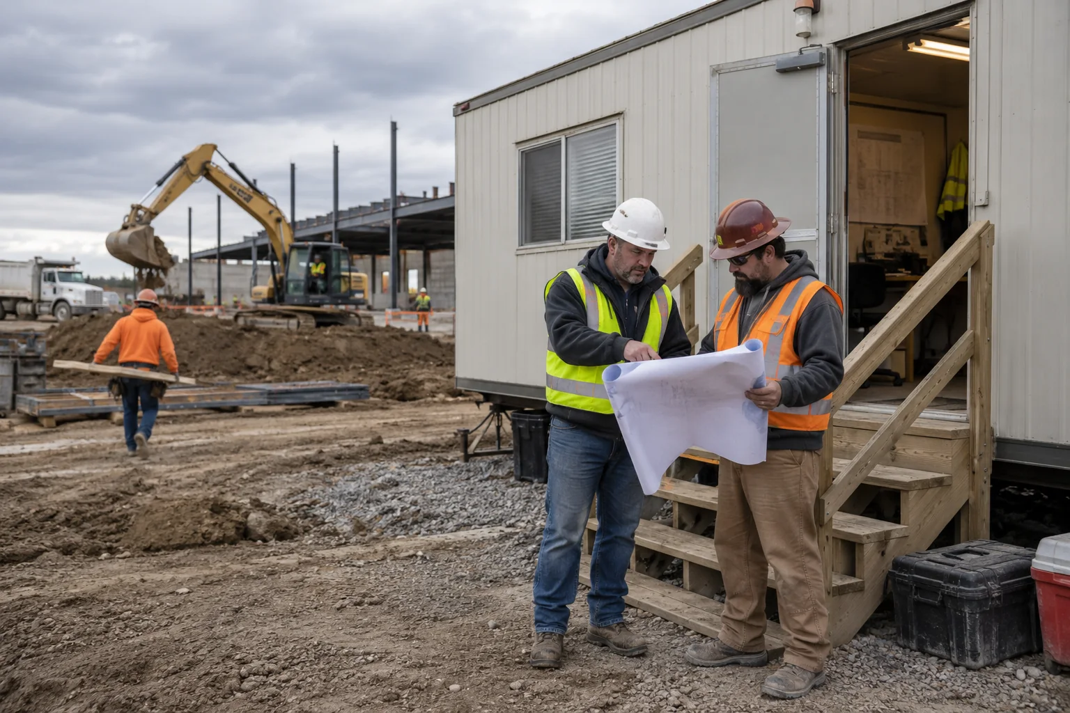 Construction superintendent using a jobsite office trailer near active site work