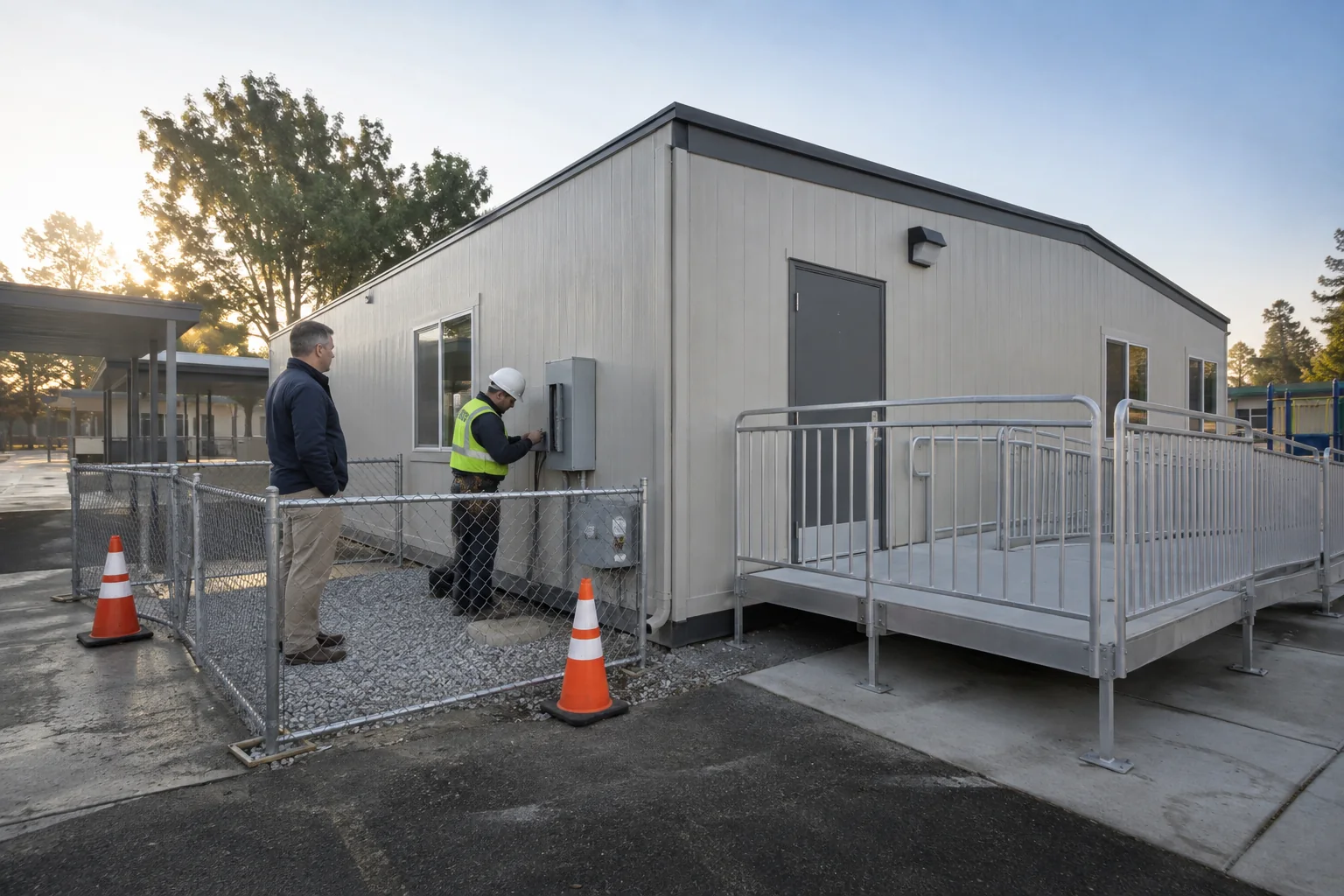 Portable classroom building installed on an active school campus