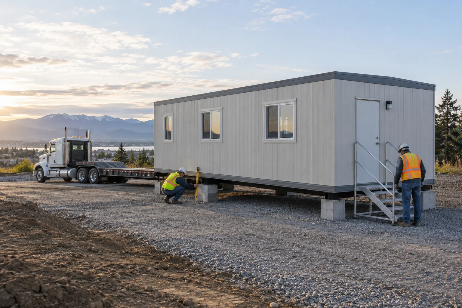 Mobile office trailers prepared for rental delivery at a regional equipment yard