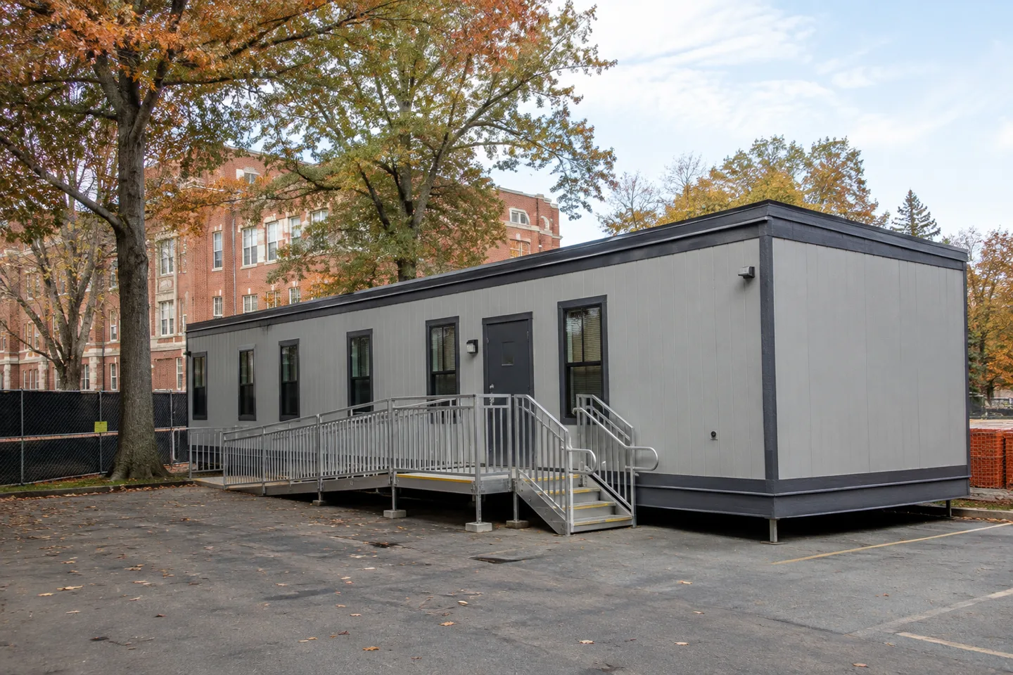 Mobile office or classroom building in a Massachusetts project setting