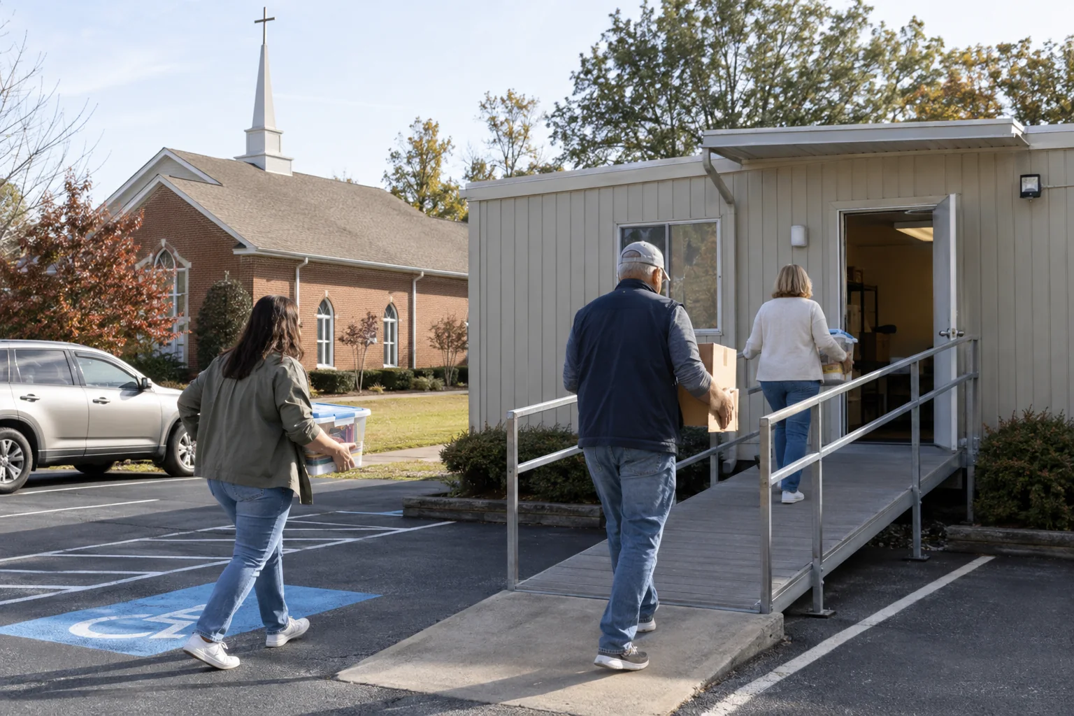 Portable church classroom building beside an active community campus