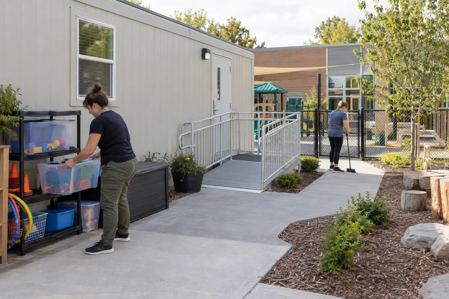 Portable daycare classroom arranged for supervised early learning