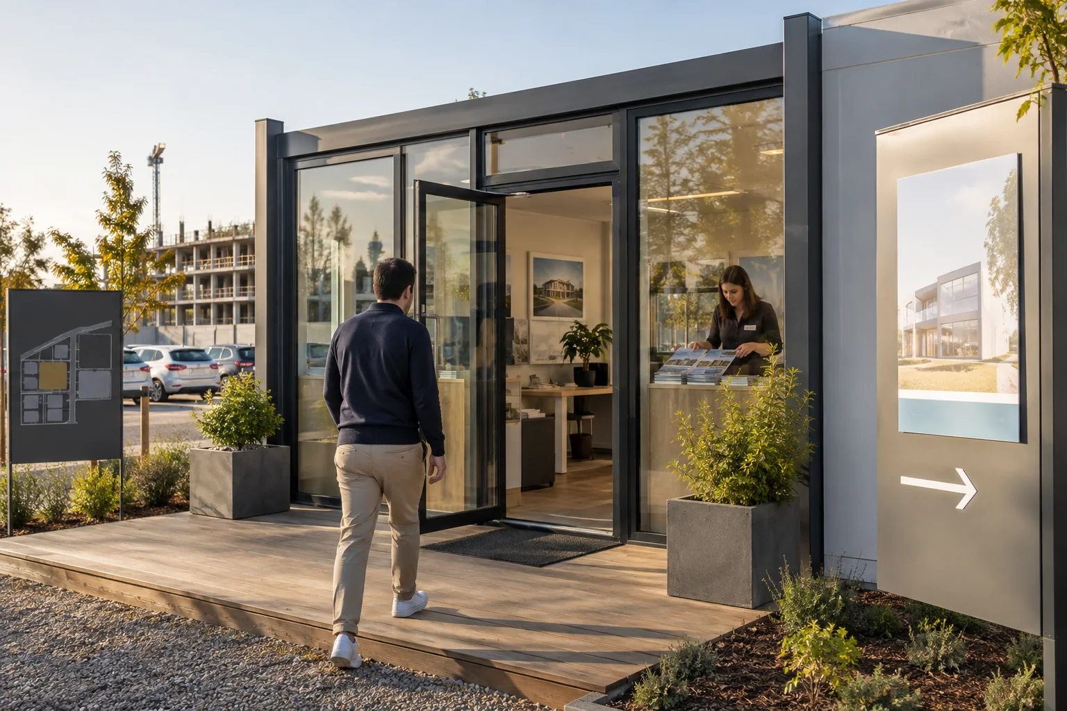 Temporary mobile sales office serving an active development site