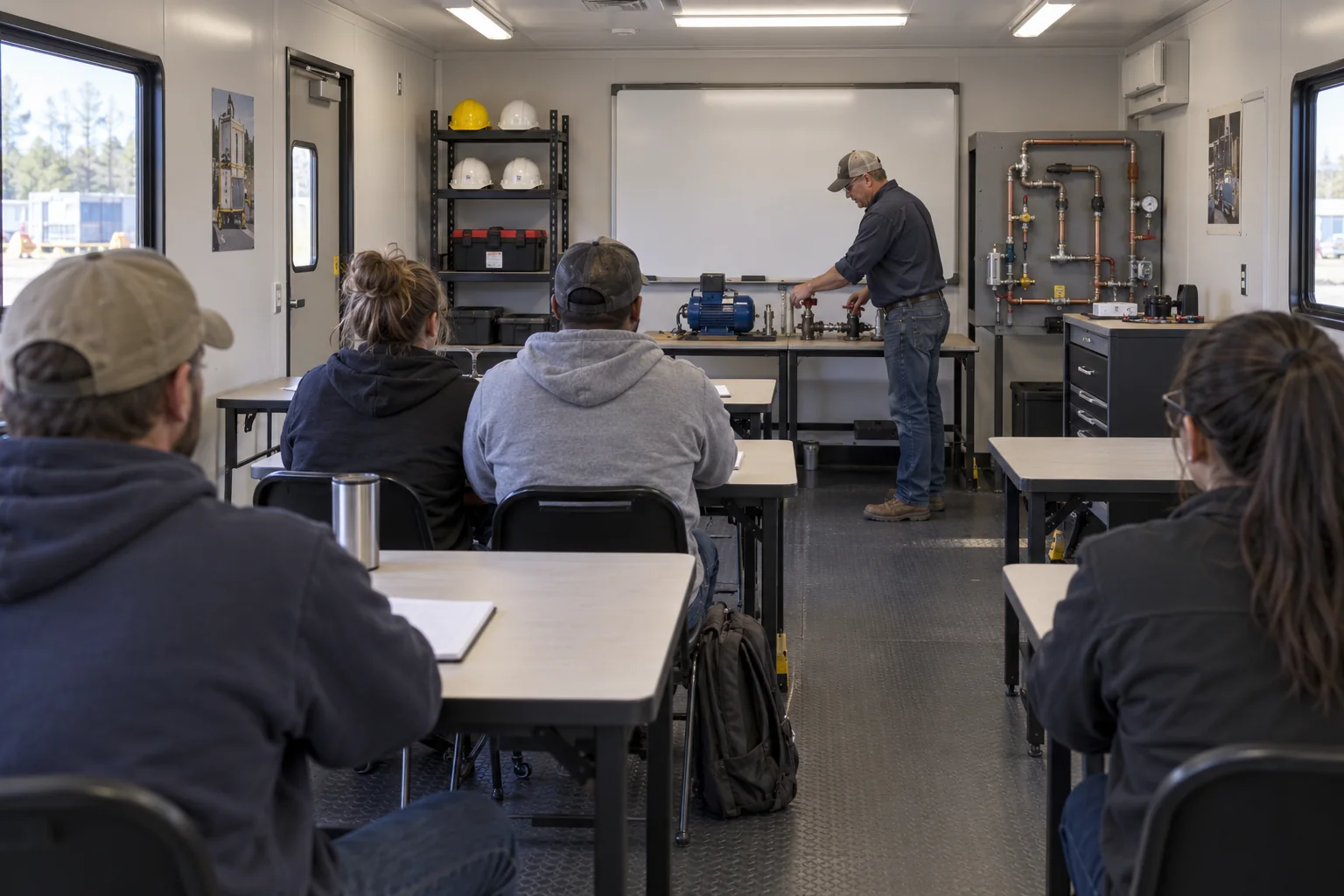 Workers taking part in practical training inside a mobile classroom