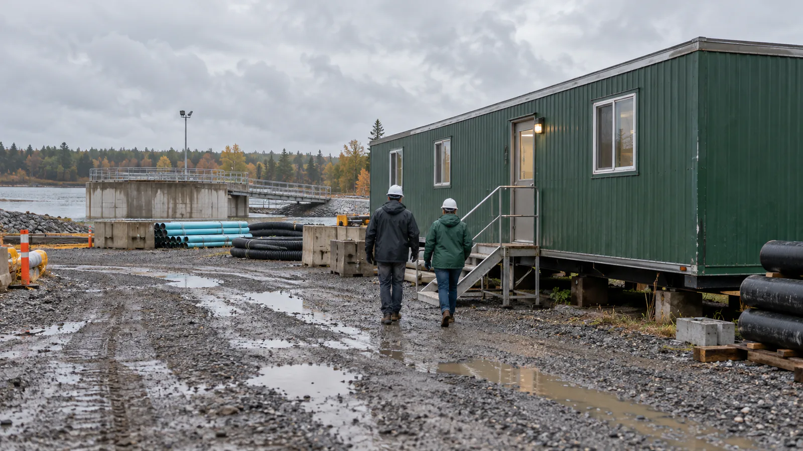 Mobile office beside a rain-soaked infrastructure worksite