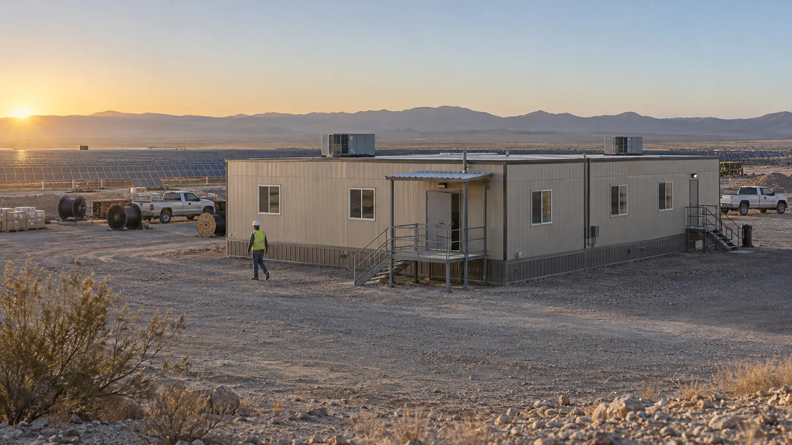 Double-wide mobile office on a dry construction site