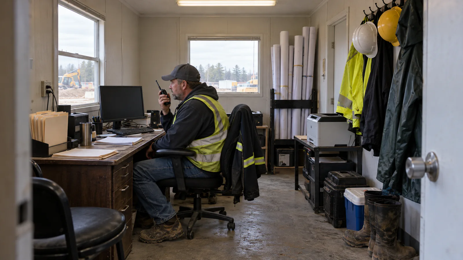 Superintendent working inside a compact mobile office