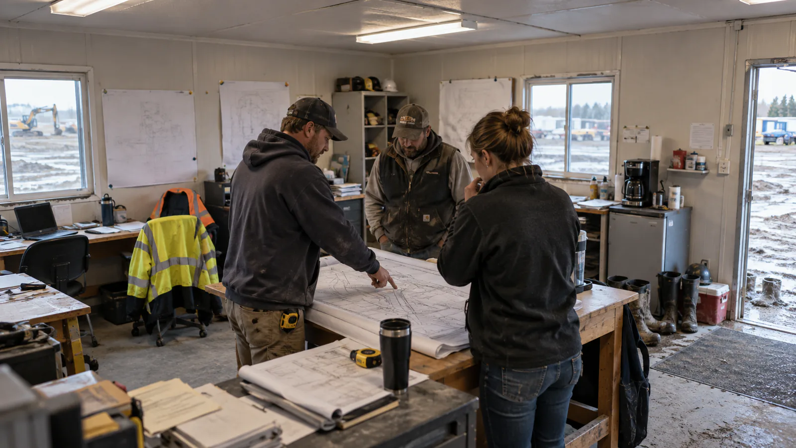 Project team coordinating inside a double-wide office