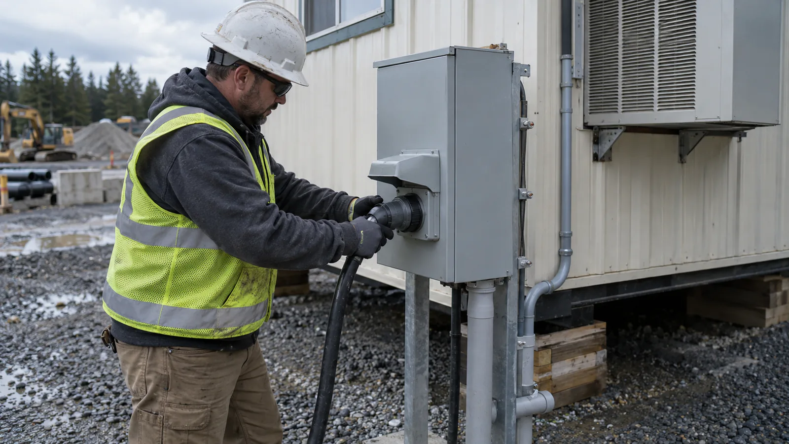 Exterior power connection at a mobile office