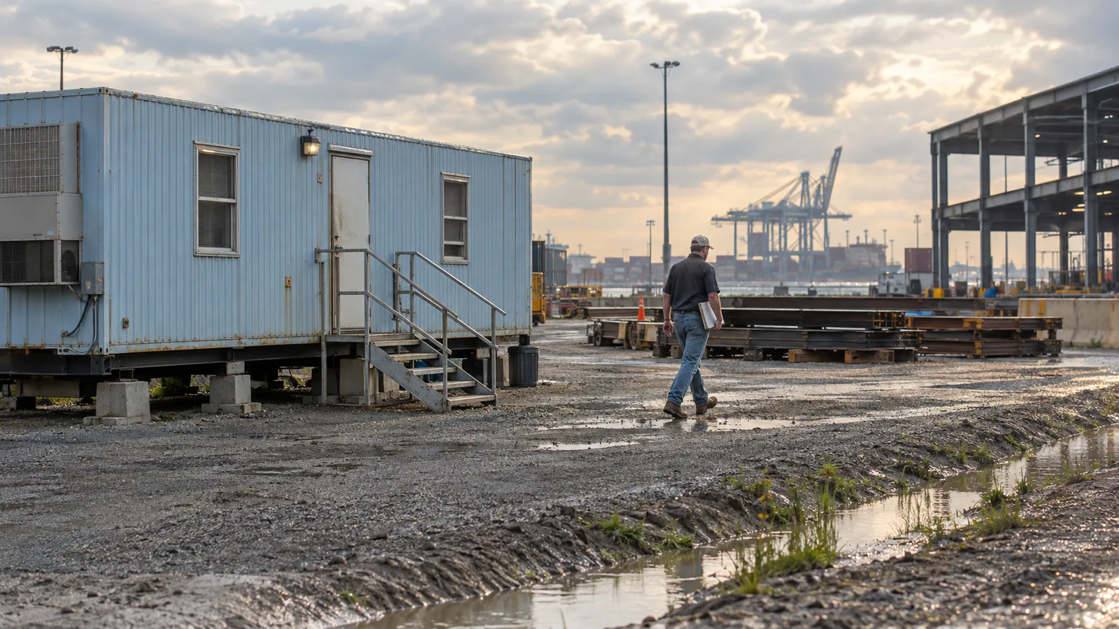 Mobile office beside a port warehouse worksite