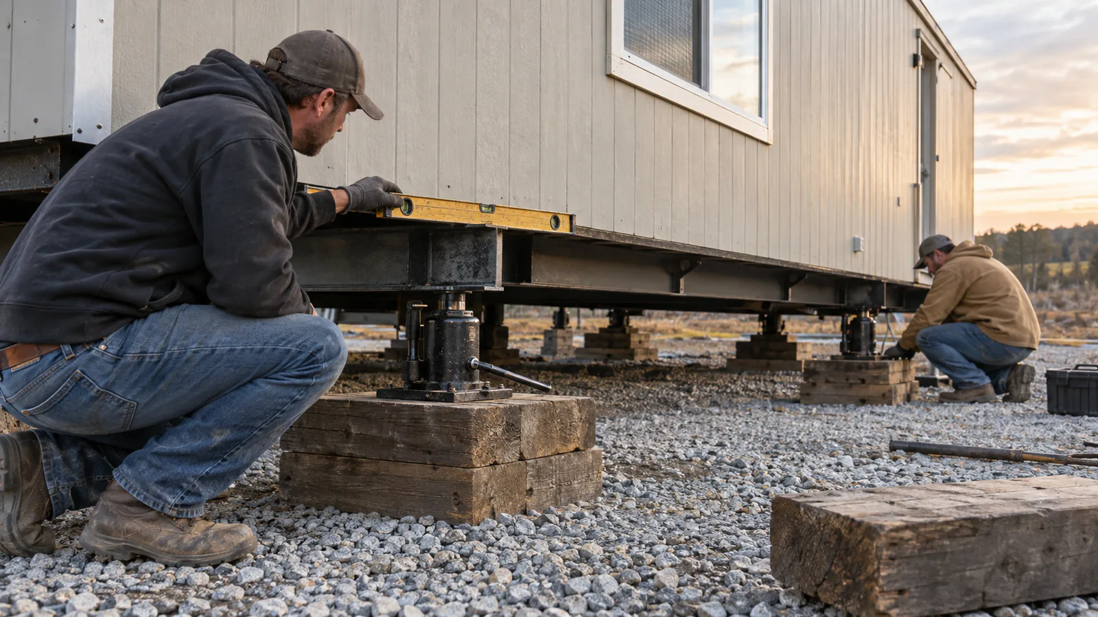 Technicians leveling a mobile office on a prepared pad