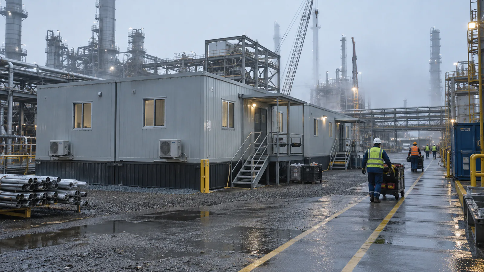 Double-wide project office beside an industrial facility