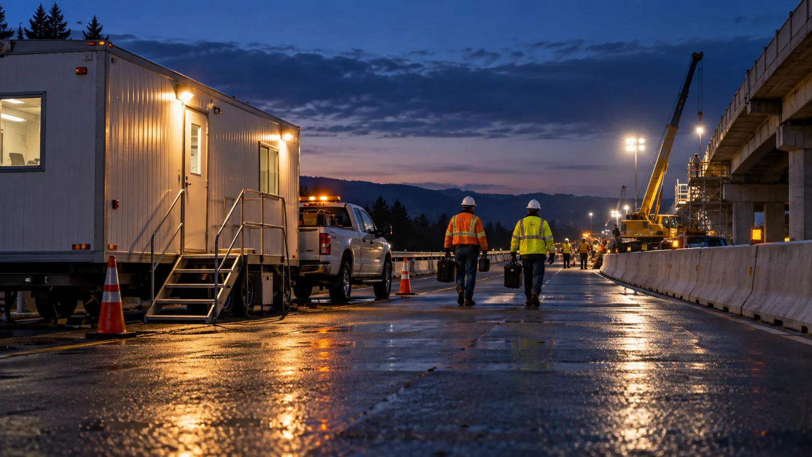 Mobile project office beside night-time bridge work