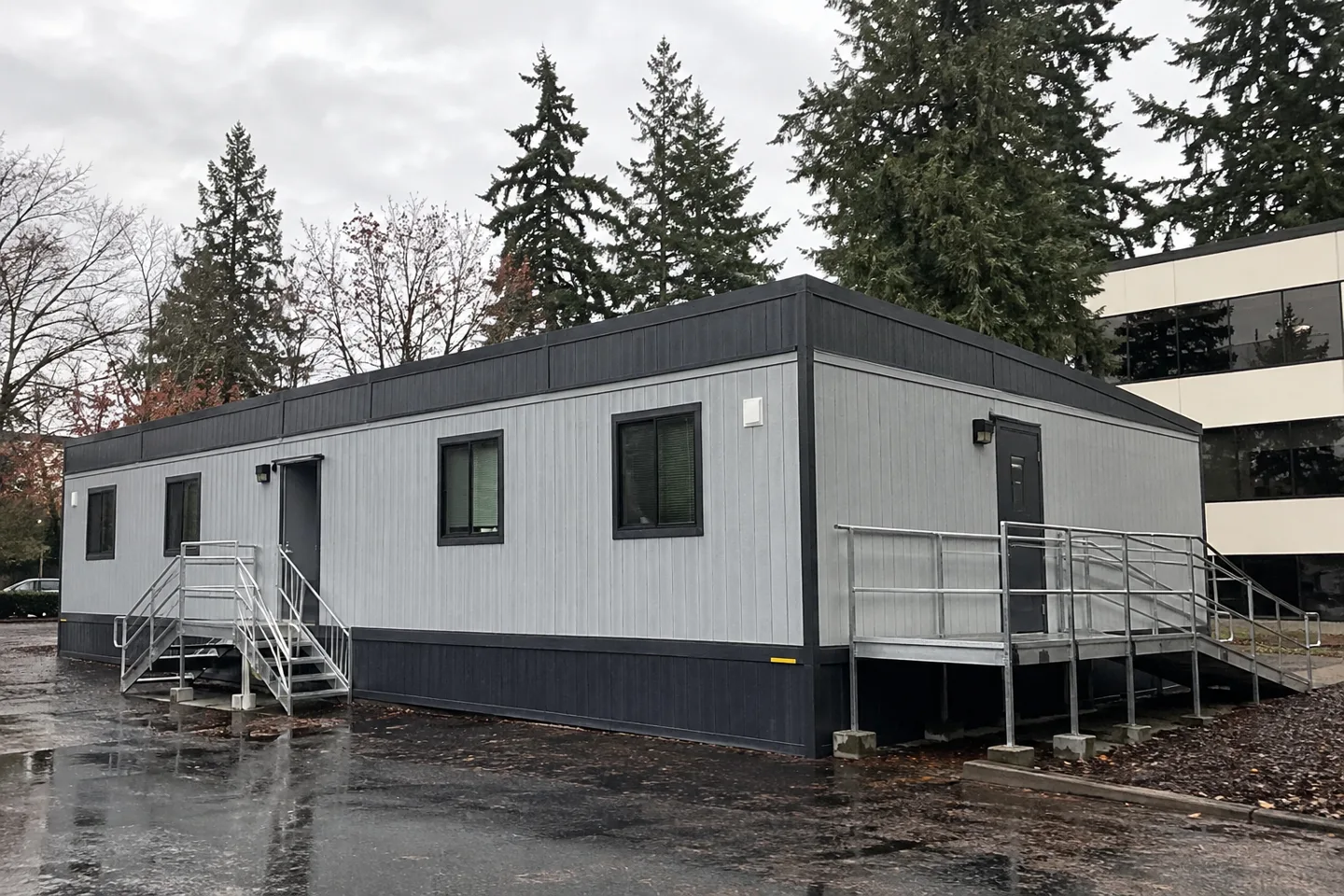 Mobile office or classroom building in a Oregon project setting