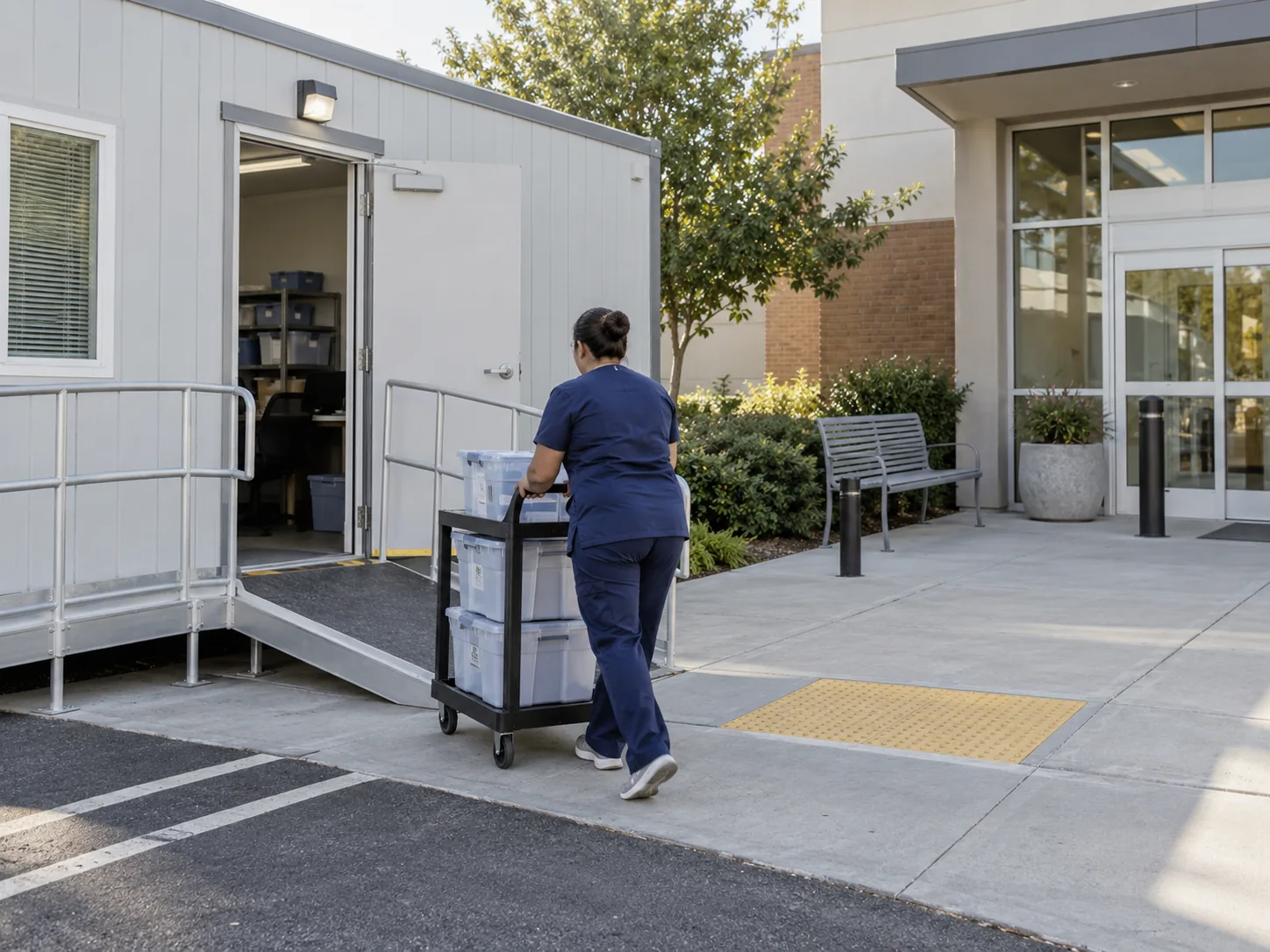 Temporary medical administration trailer beside an operating clinic