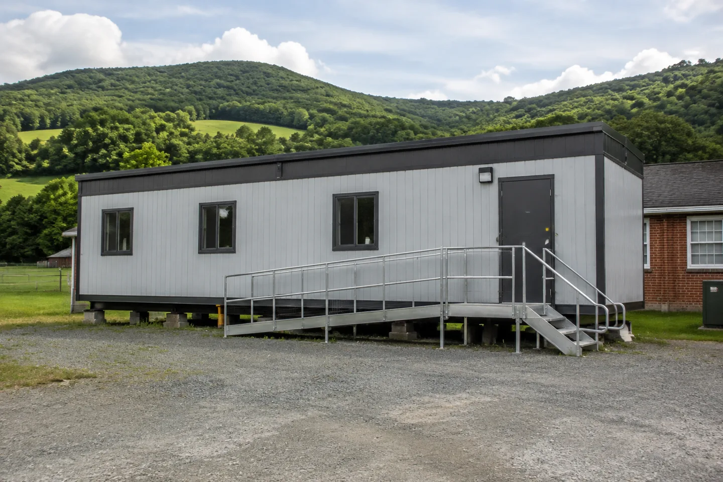 Mobile office or classroom building in a Vermont project setting